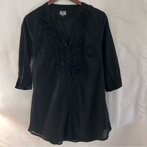 Women’s Converse Black Ruffle Button-Up 3/4 Sleeve Blouse Medium 100% Cotton